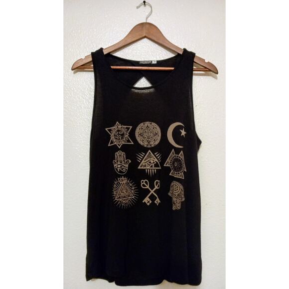EARTHBOUND Trading Co Black Open Back Women's Tank Top Occult Symbols SZ M - Picture 1 of 7